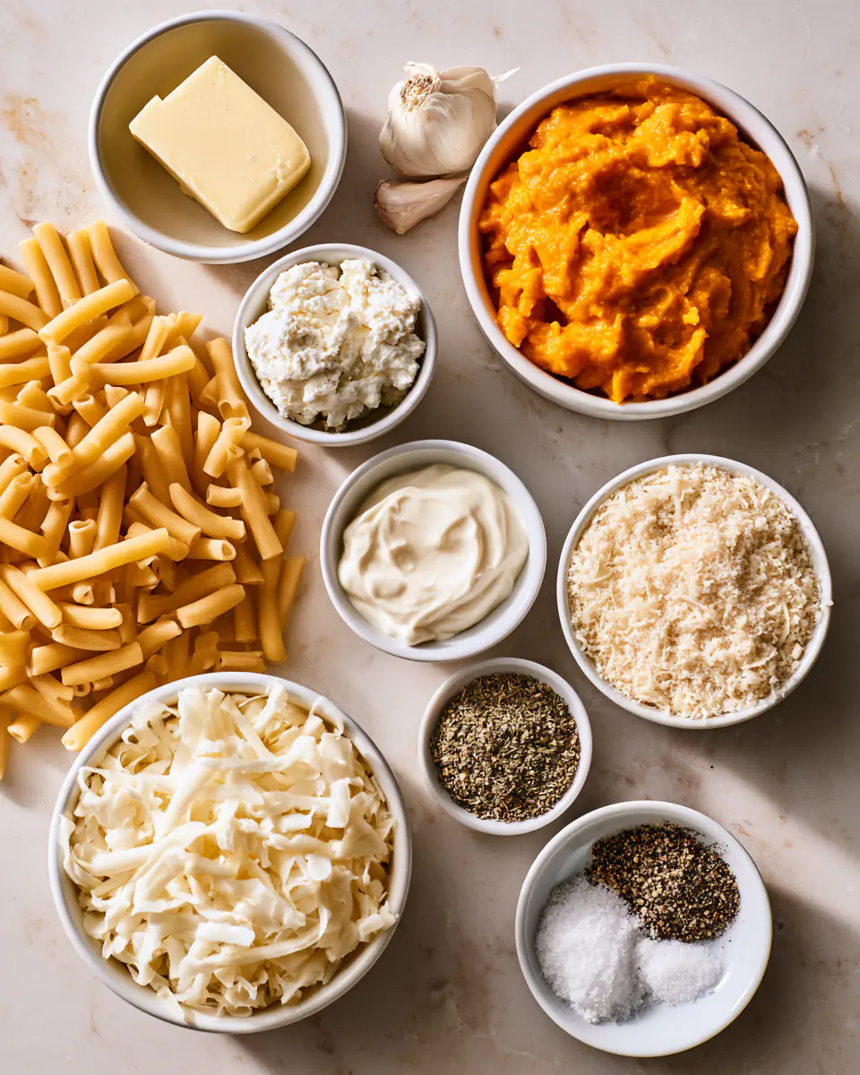 Ingredients for Cheesy Pumpkin Ricotta Pasta Bake | Cozy Fall Dinner