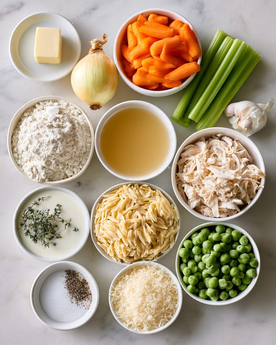 Ingredients for Chicken Pot Pie Orzo: Cozy Easy Fall Dinner in One Skillet