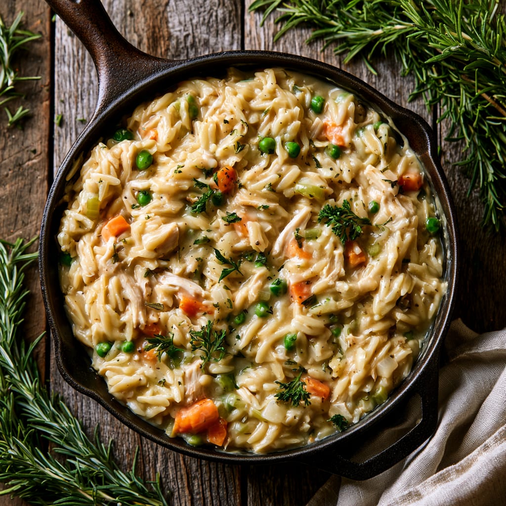 Chicken Pot Pie Orzo: Cozy Easy Fall Dinner in One Skillet