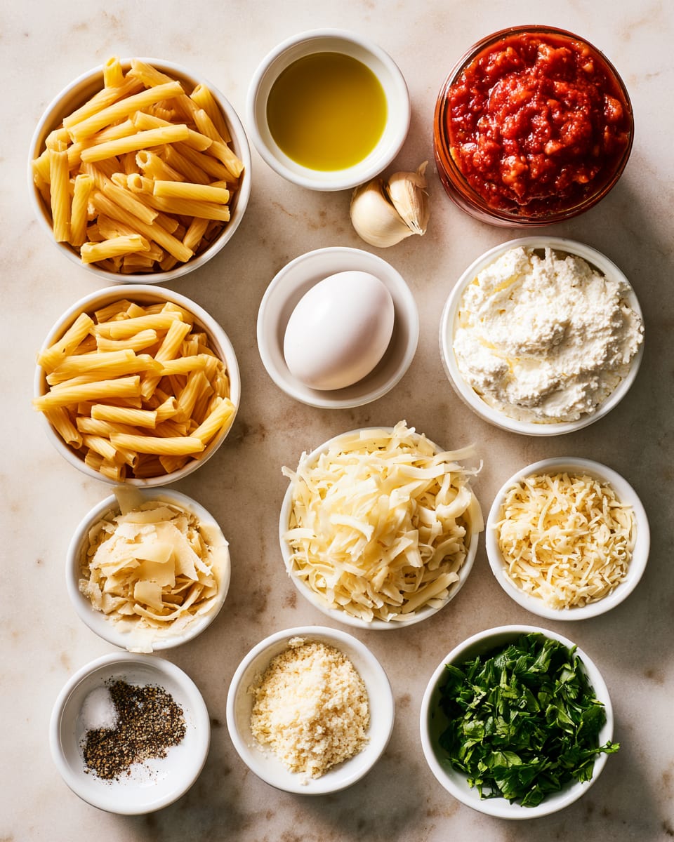 Ingredients for Copycat Olive Garden Five Cheese Ziti Al Forno, Baked to Bubbly Perfection