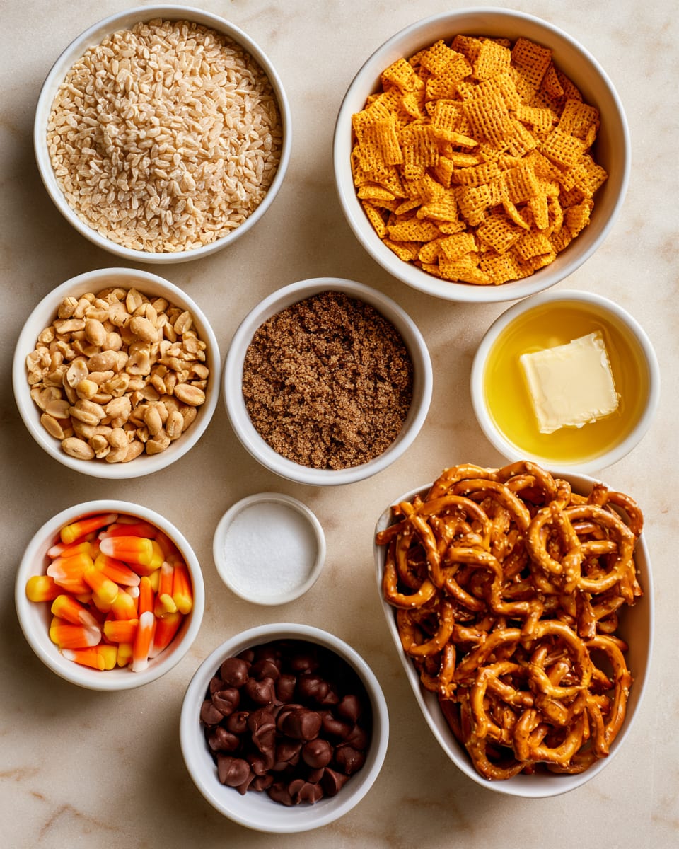Ingredients for Halloween Chex Mix Recipe with Candy Corn Crunch