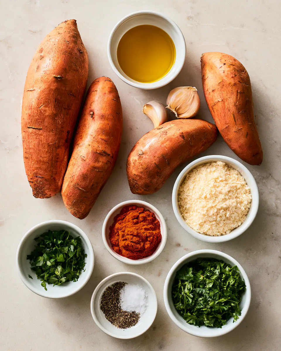 Ingredients for Roasted Sweet Potato Recipe with Garlic and Parmesan | Easy Side Dish
